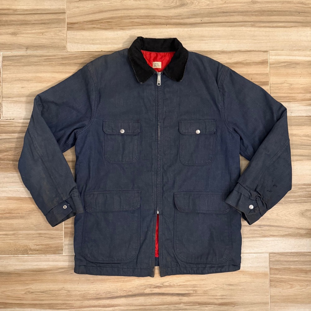 Vintage 60's Sears Work Wear Denim Chore Coat Navy Blue Quilted Red Lining
